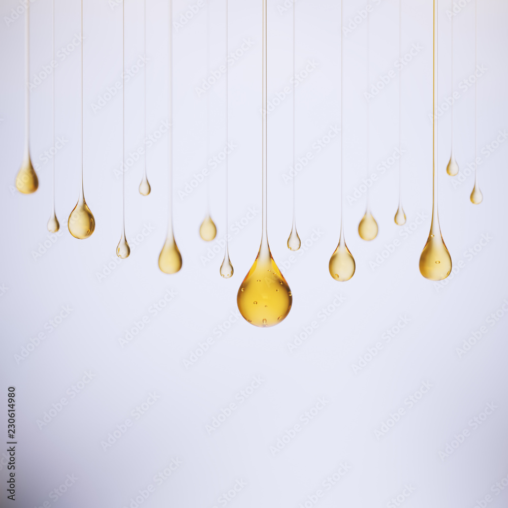 一滴橄榄油或燃料发动机油，金色液体清洁背景，复制空间3d渲染。