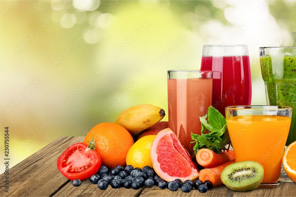 Fresh ripe healthy fruits and juices