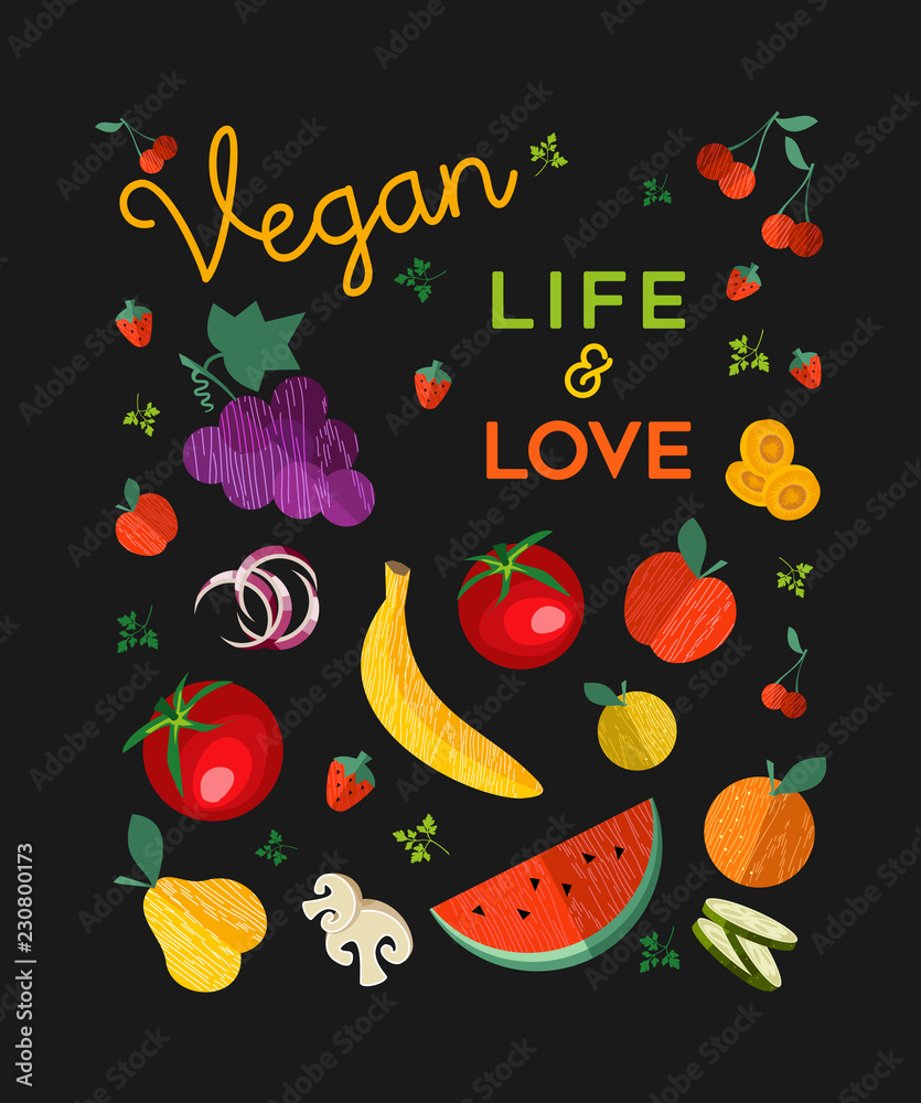 素食概念卡通蔬菜和水果