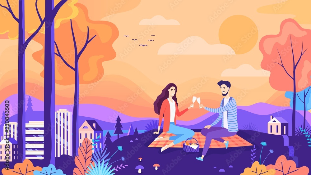 美丽的秋色公园和情侣浪漫野餐