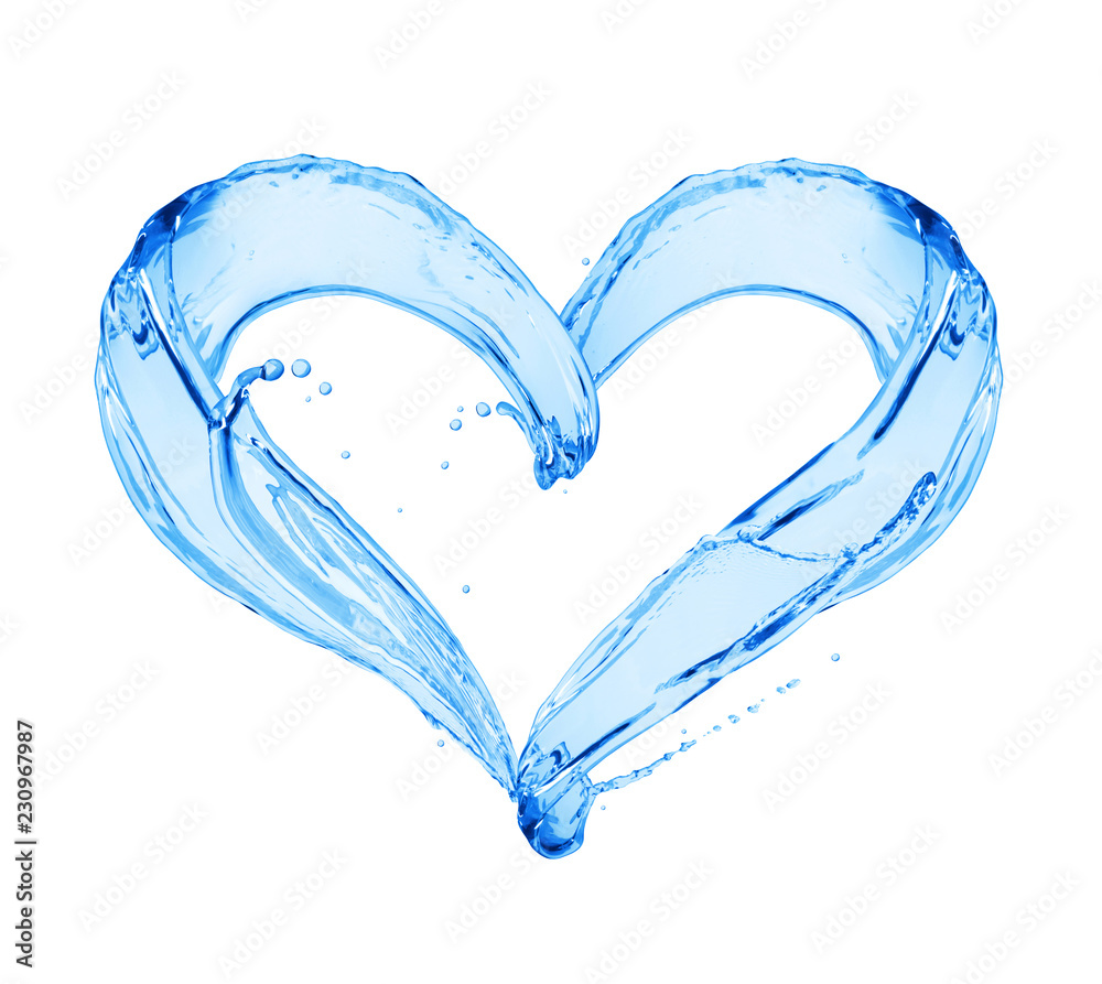 Splashes of water in the shape of a heart. Сonceptual image on white background