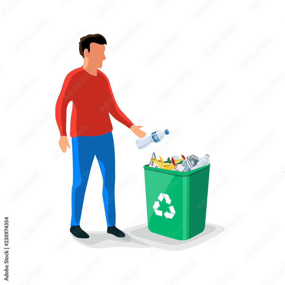 白人男子将塑料瓶垃圾扔进绿色垃圾桶。孤立的扁平载体tras