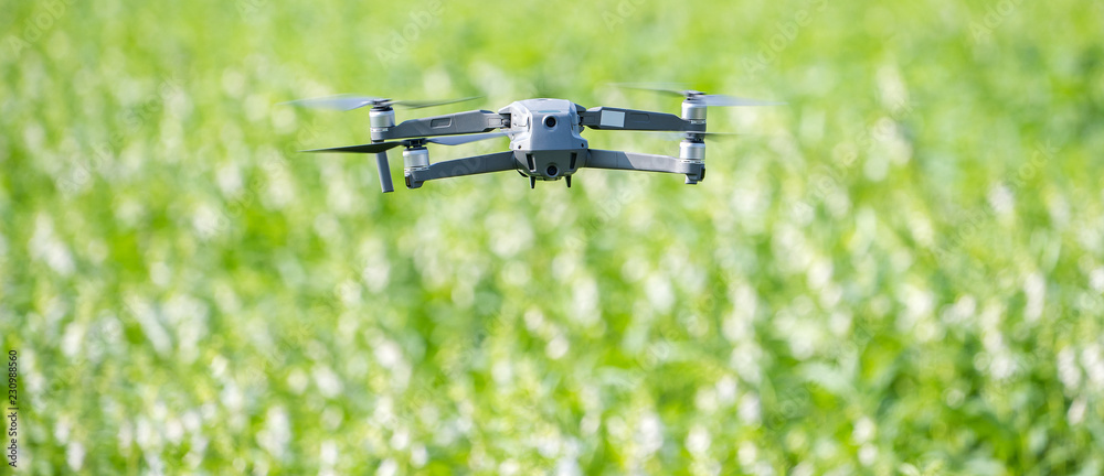 Technol，一架导航无人机正在追踪农场，以监测早上芝麻作物的生长