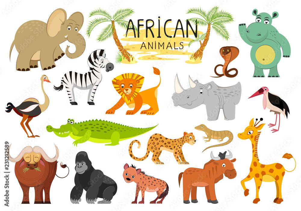 African animals collection isolated on white background. Vector illustration