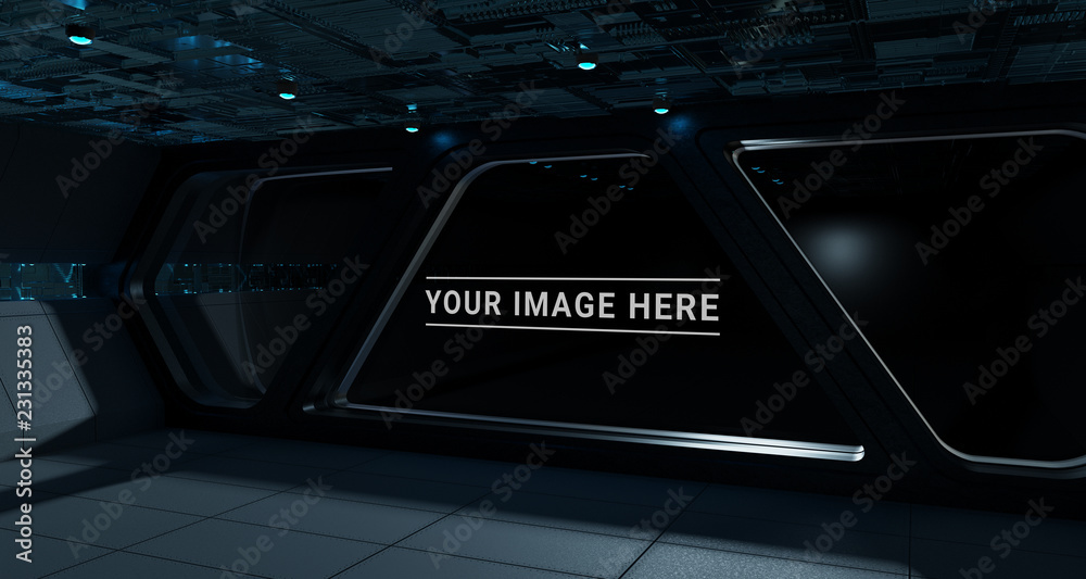 黑暗的宇宙飞船内部，大窗口视图3D渲染