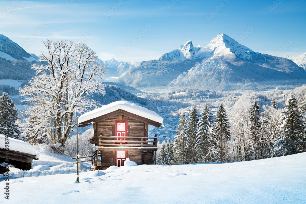 Rustic mountain cabin in the Alps in winter