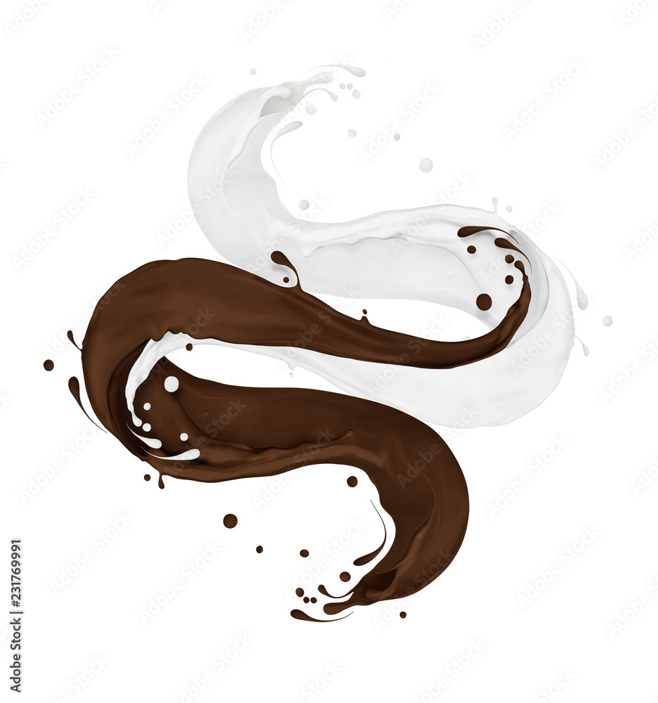 Milk and chocolate splashes isolated on white background