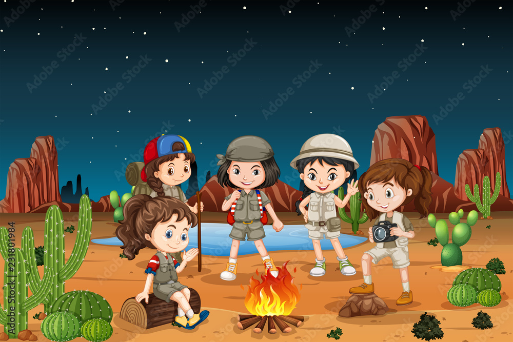 一群在沙漠中露营的孩子