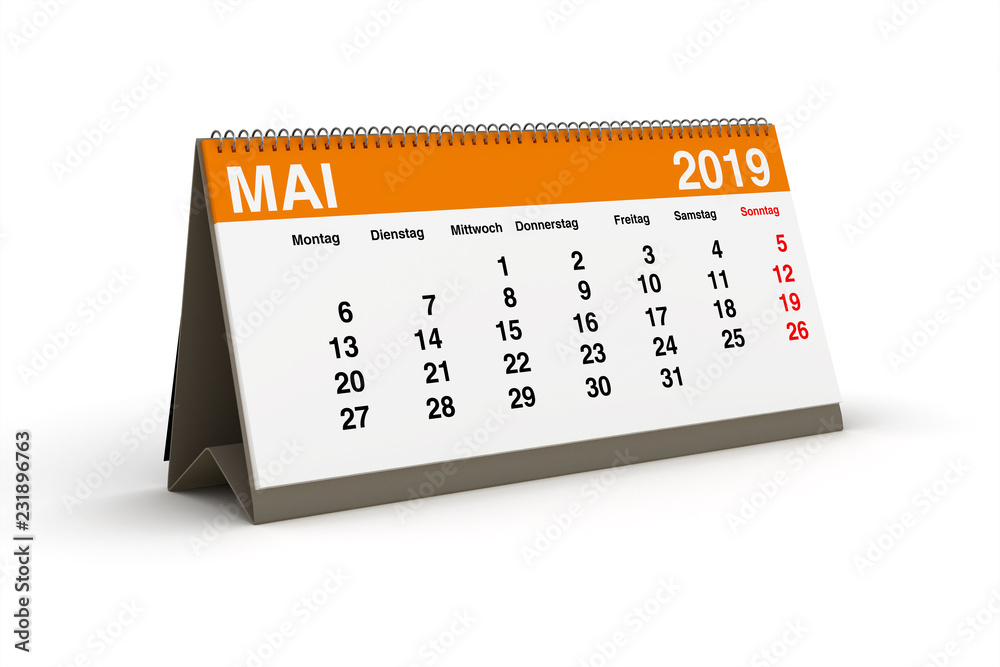 2019年5月-Tischkalender als 3D插图