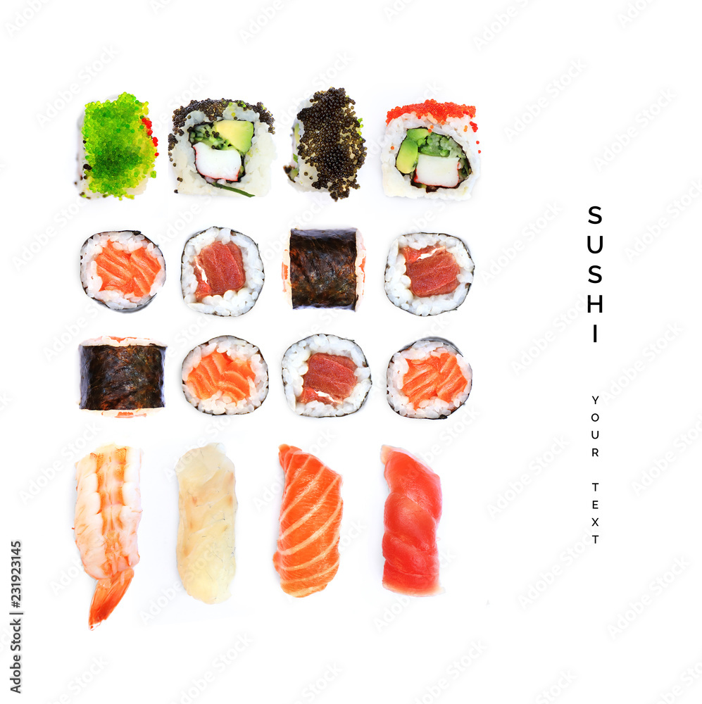 寿司图案。食物抽象背景。白底寿司。