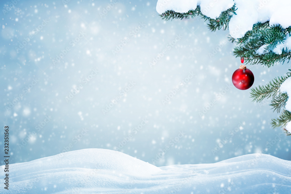 圣诞背景，红色装饰，松树树枝上飘雪