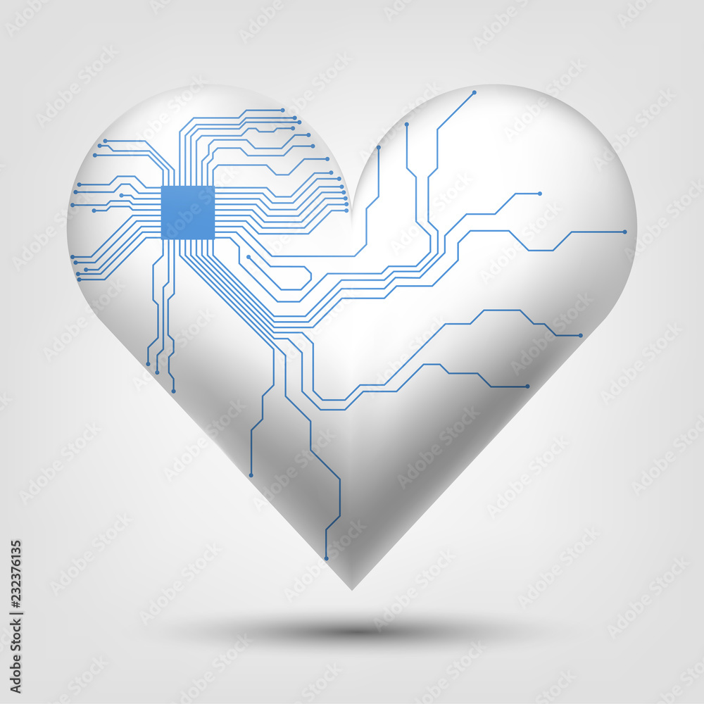 Electronic heart with a blue microcircuit, love, technology, futuristic cardiology