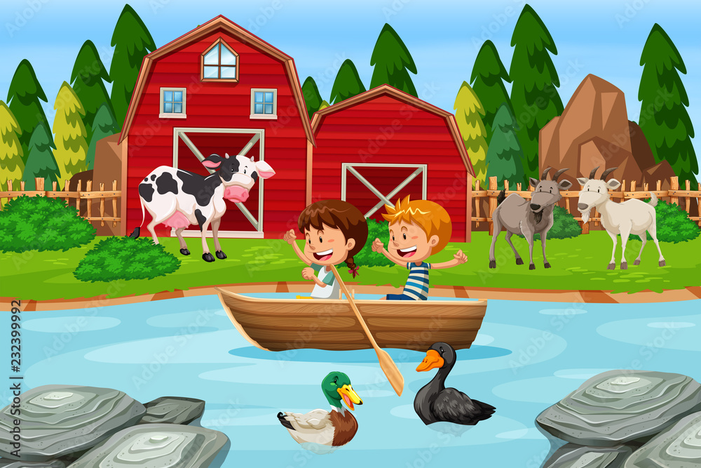 孩子们在农场划木船