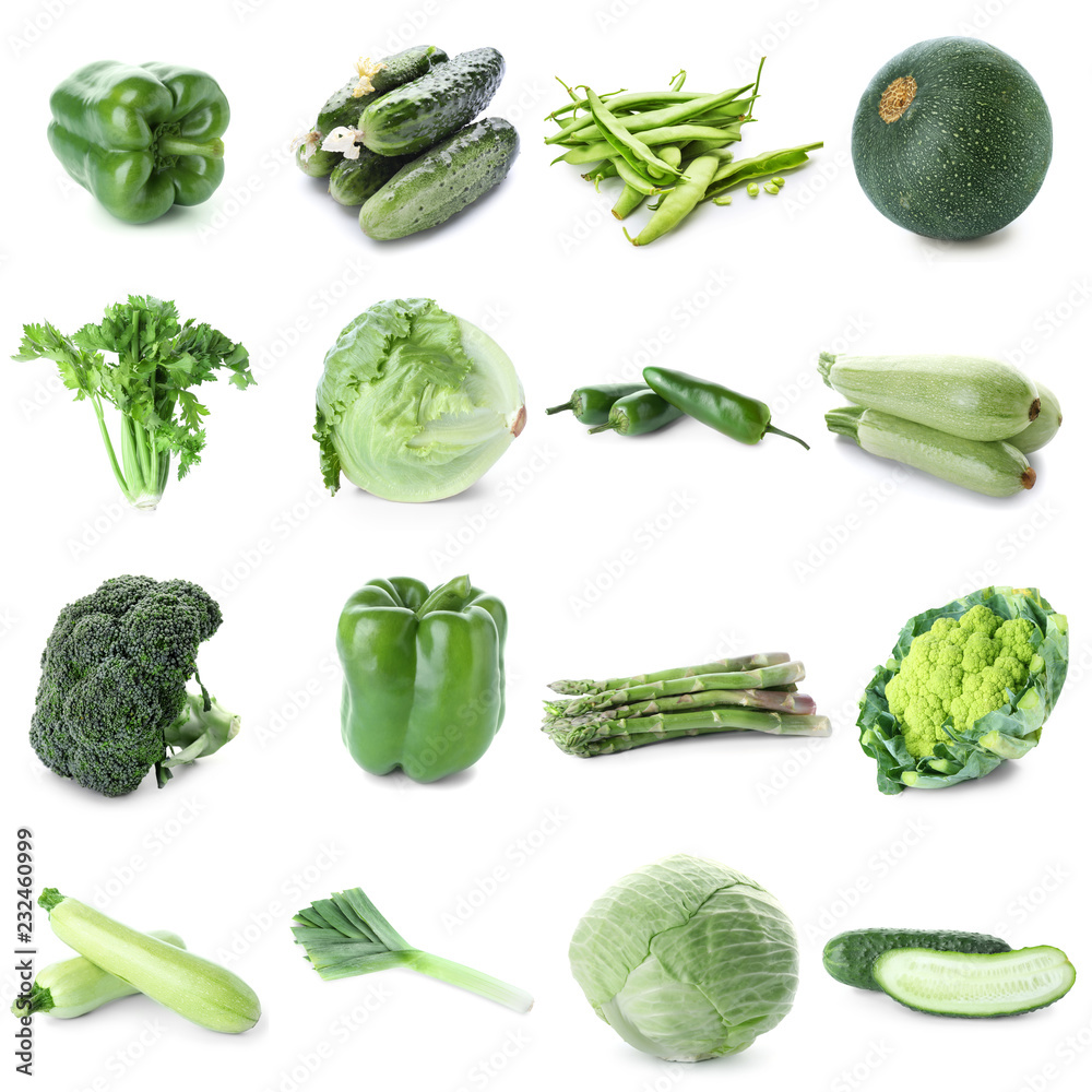 白底上不同的新鲜绿色蔬菜