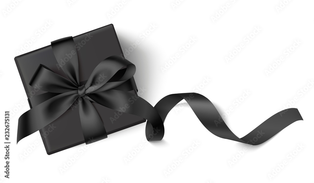 Decorative black gift box with black bow and long ribbon isolated on white background. Top view. Vec