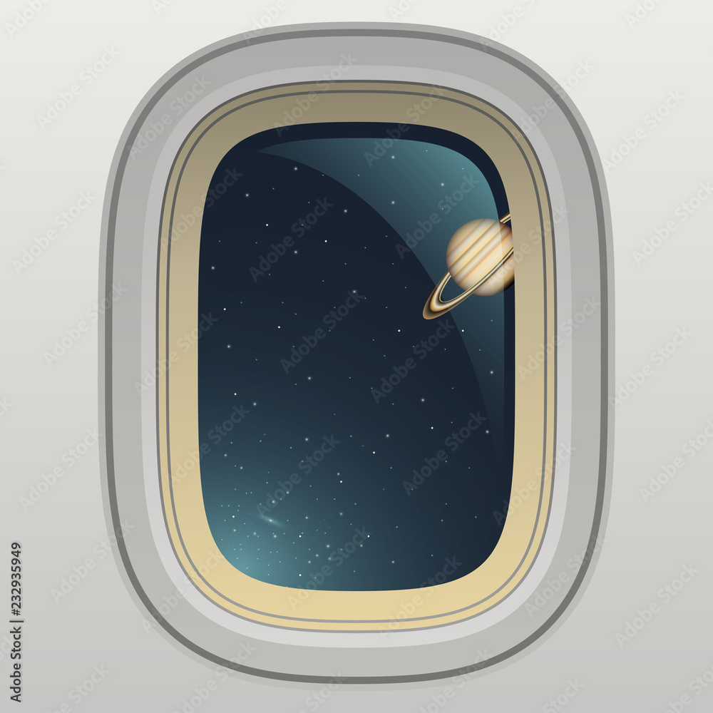 太空船窗口，行星和太空视图，矢量背景