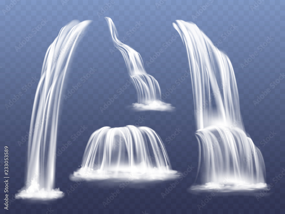 瀑布或瀑布矢量插图。一组孤立逼真的流动溪流坠落