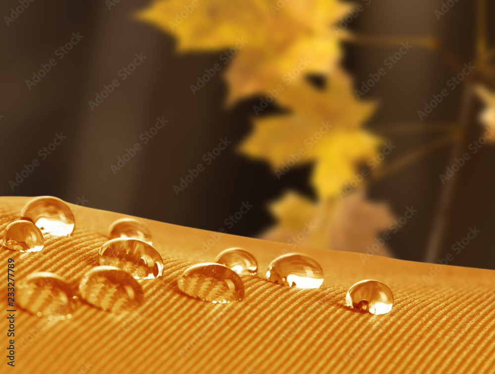 带水滴的防水织物在秋天的风景背景上特写