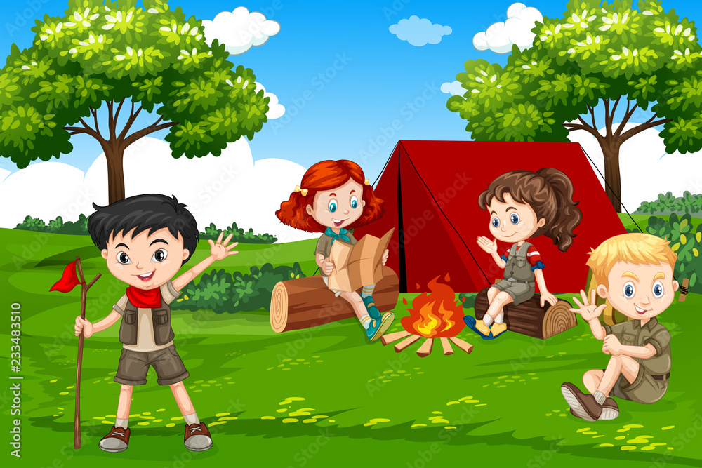 儿童在大自然中露营