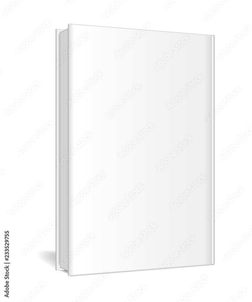 一本白色背景上有书页的封闭立式书籍的实物模型。透视图。V