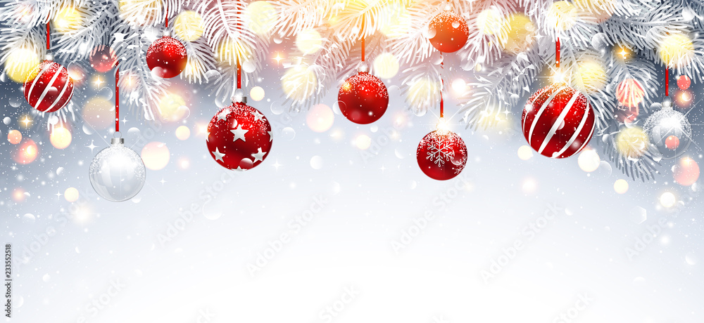 用红球和冷杉树枝装饰圣诞。Vector