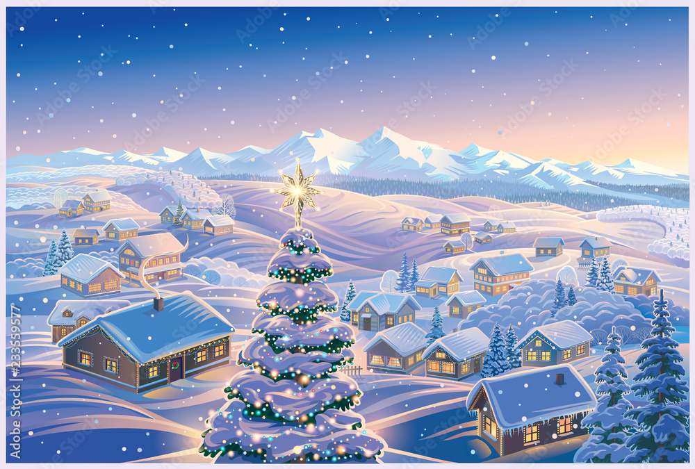 冬季村庄的节日插图，前景和夜晚有一棵节日圣诞树
