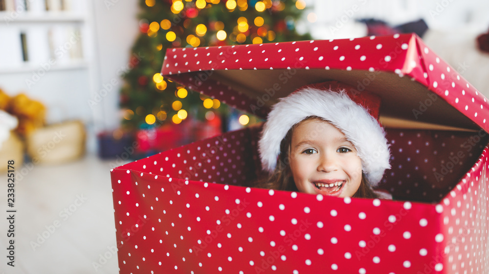 躲在大圣诞礼物里的快乐有趣的小女孩。