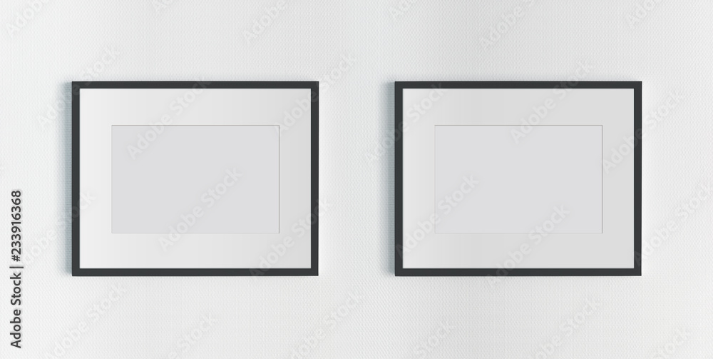 Two black frames hanging on a white wall mockup