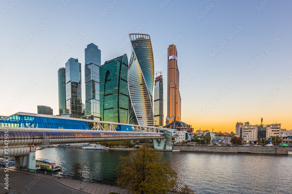 Moscow city skyscraper, Moscow International Business Centre at evening time with Moscow river, Russ