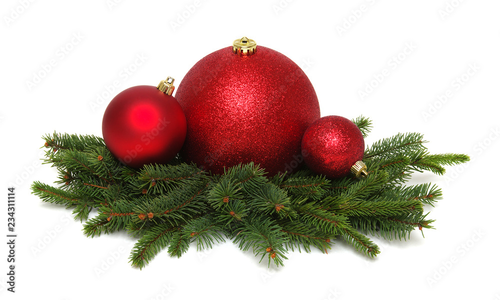 圣诞装饰：带锥形和冷杉树枝的红色球