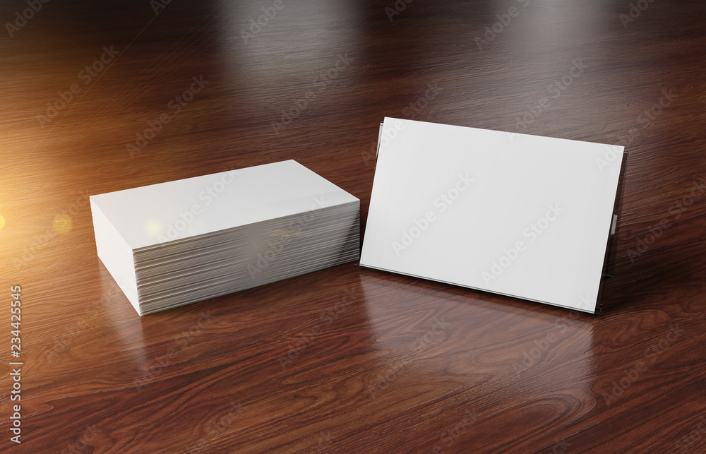 White business card stack on wooden desk 3D rendering