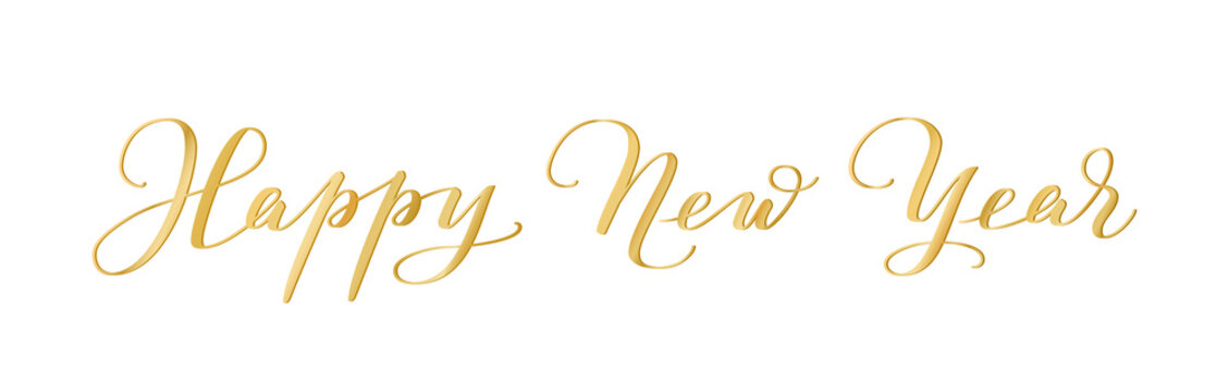 Happy New Year calligraphy isolated on white background. Golden hand drawn text