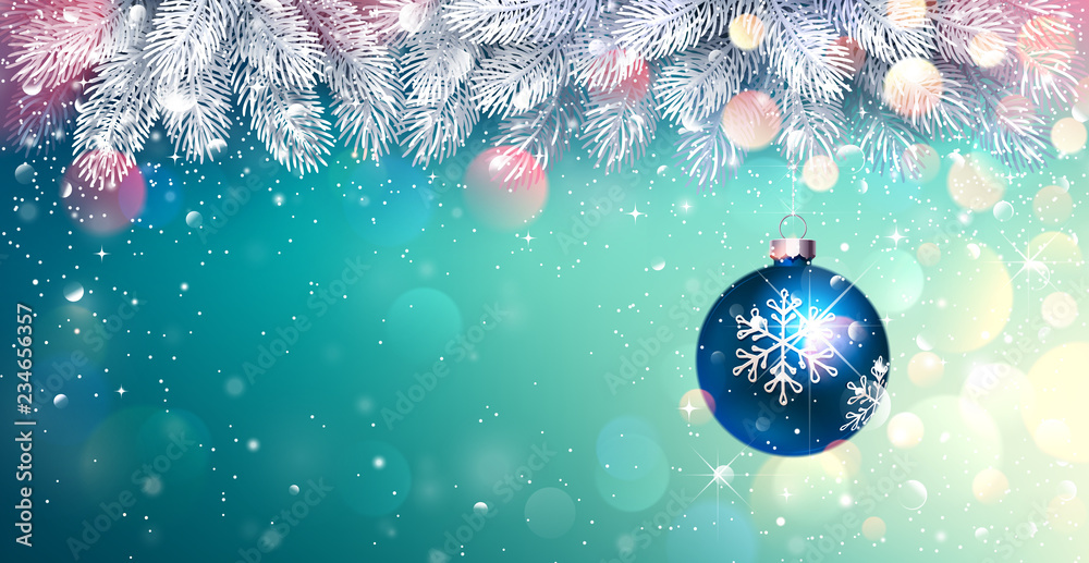 带有云杉树枝和明亮照明的圣诞蓝球。Vector