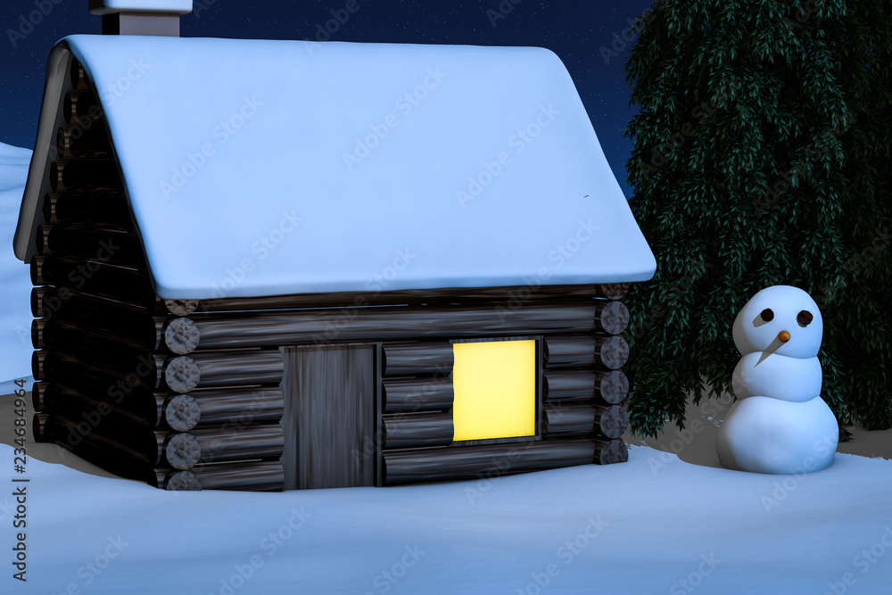 3d渲染，冬天的雪人和小屋