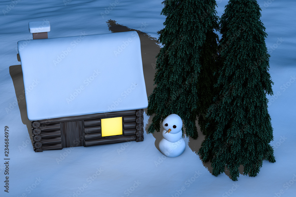3d渲染，冬天的雪人和小屋