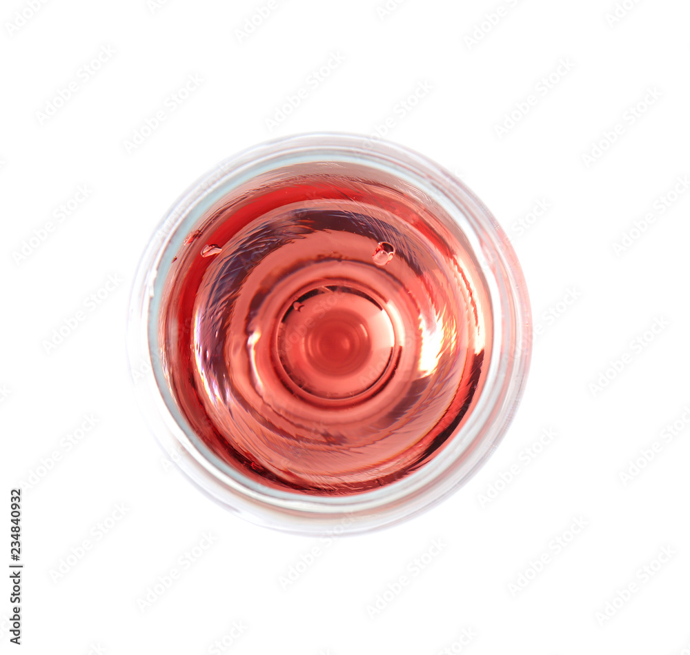 一杯白底粉红葡萄酒，俯视图