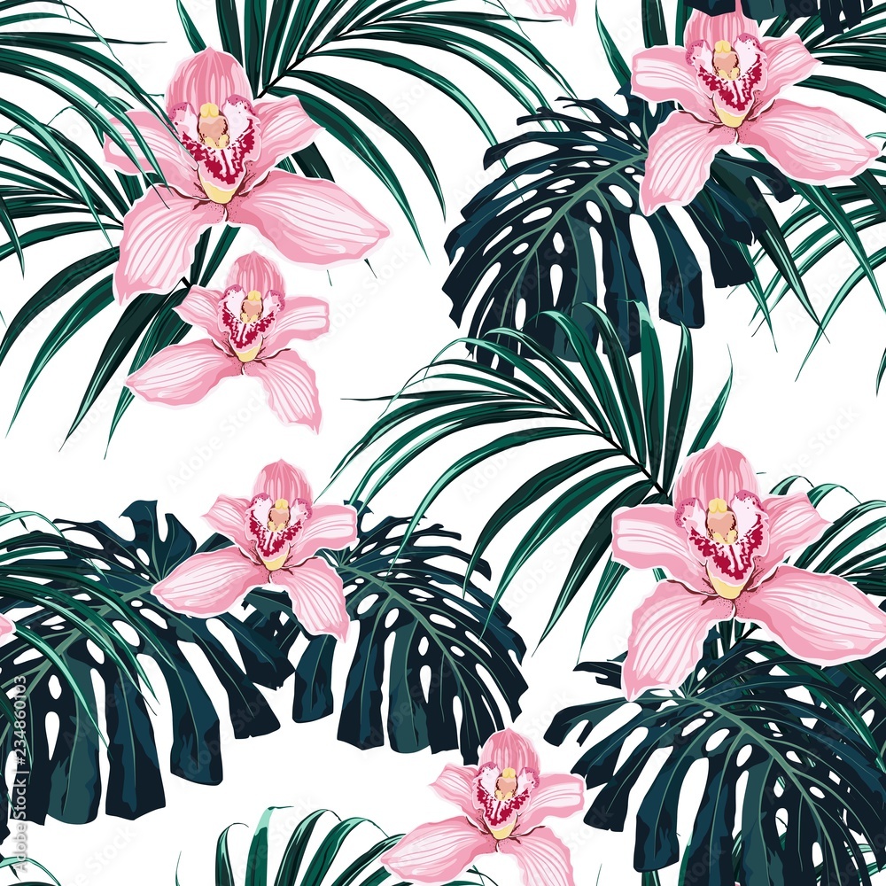 Seamless tropical pattern, vivid tropic foliage, with monstera leaf, palm leaves, pink orchid flower