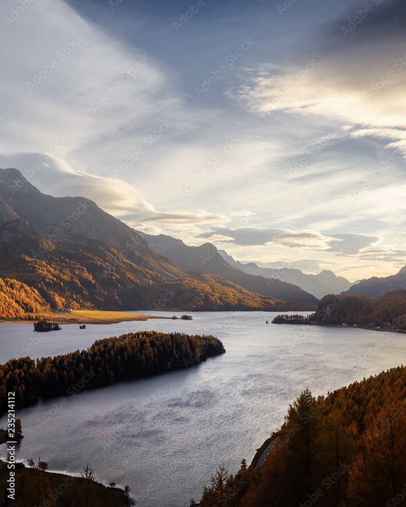 瑞士阿尔卑斯山秋季西尔斯湖（Silsersee）鸟瞰图。橙色落叶松和斯诺的彩色森林