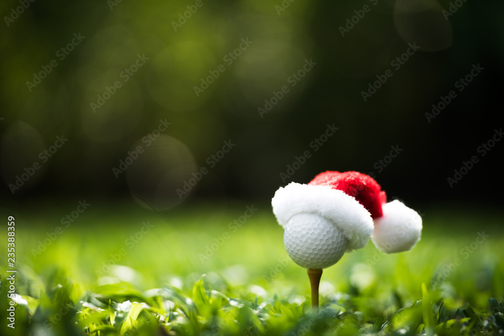高尔夫球场后面的节日季节，球座上戴着圣诞老人帽，看起来很喜庆
