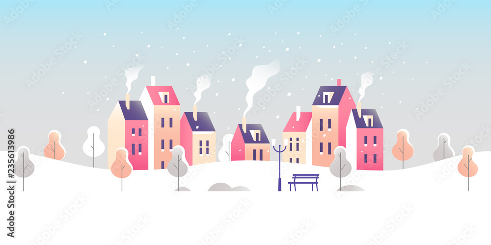 冬季城市景观。小镇上的雪地街道。矢量插图。