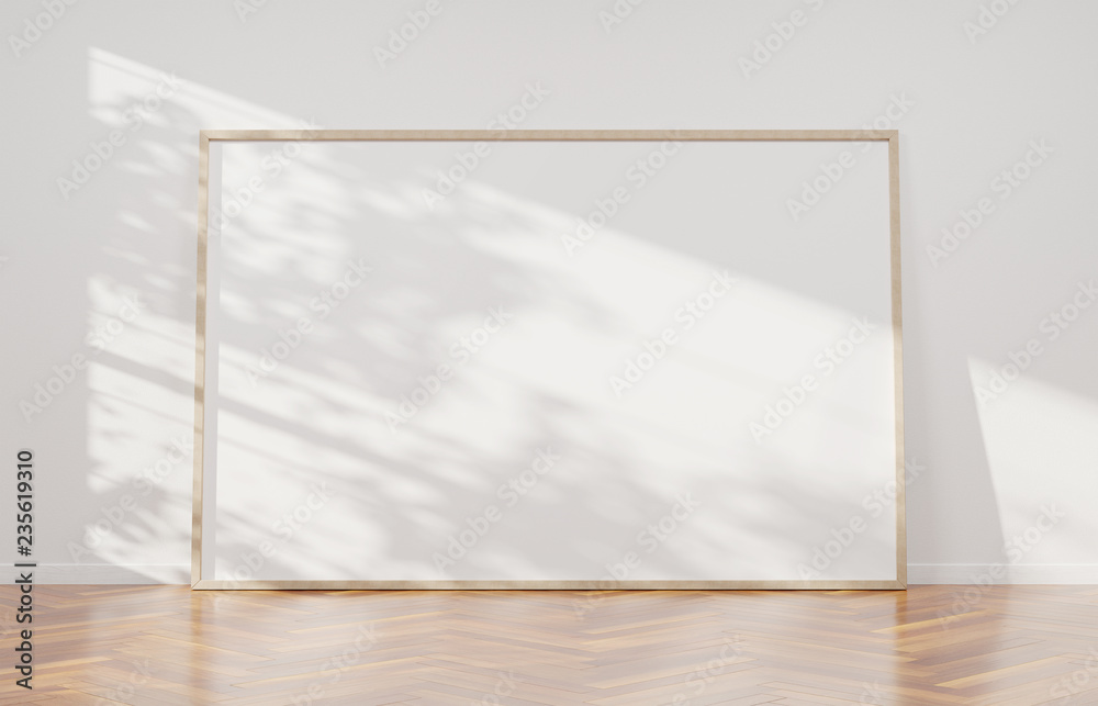 白色墙壁上的大型水平框架3D渲染