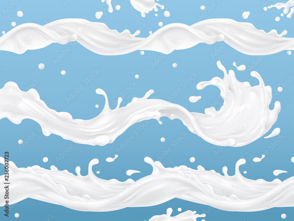 牛奶飞溅波无缝矢量图案。三维逼真矢量集。包装设计