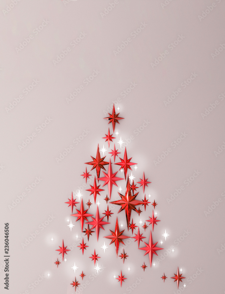 银色背景下的圣诞树之星，三维渲染。三维插图