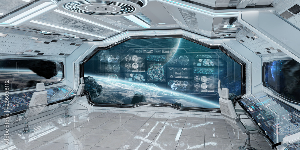 白色飞船内部，带控制面板数字屏幕3D渲染