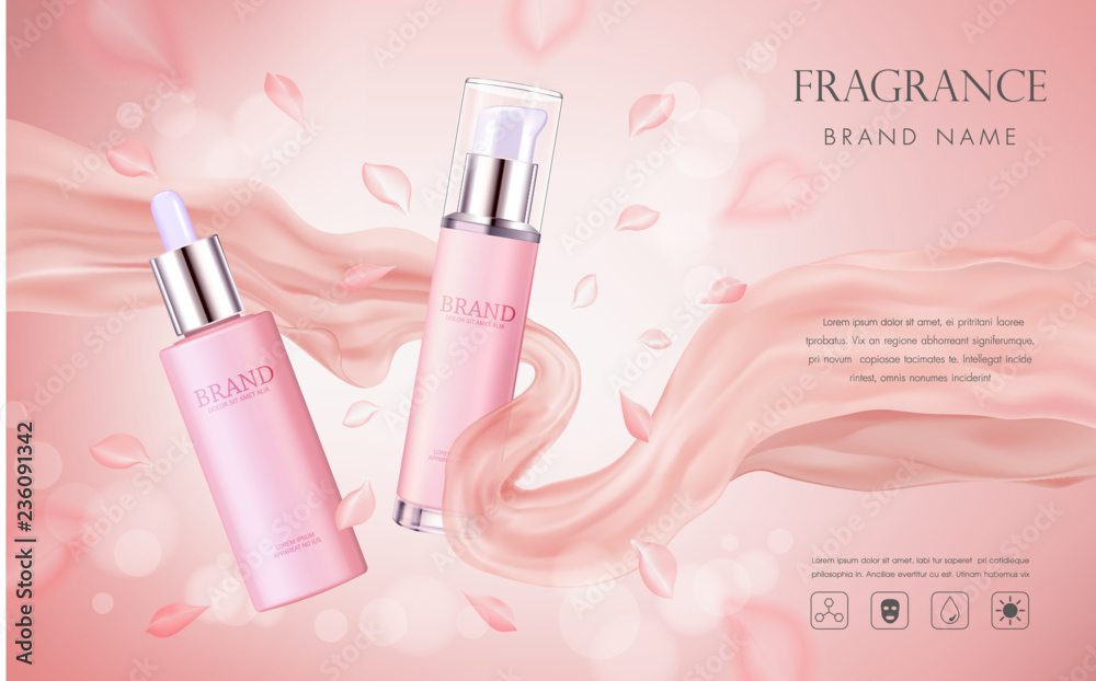 美白精华液广告，优雅的化妆品广告，带有粉色花瓣和丝绸质地的3d病
