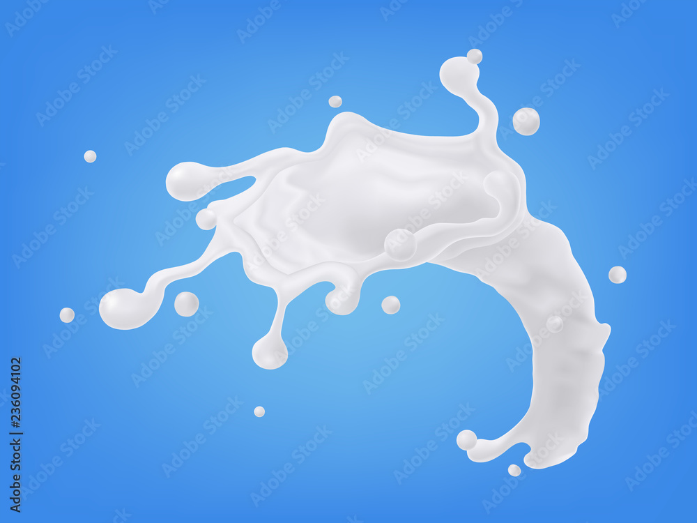 抽象逼真的牛奶飞溅物被隔离在蓝色背景上。矢量插图。