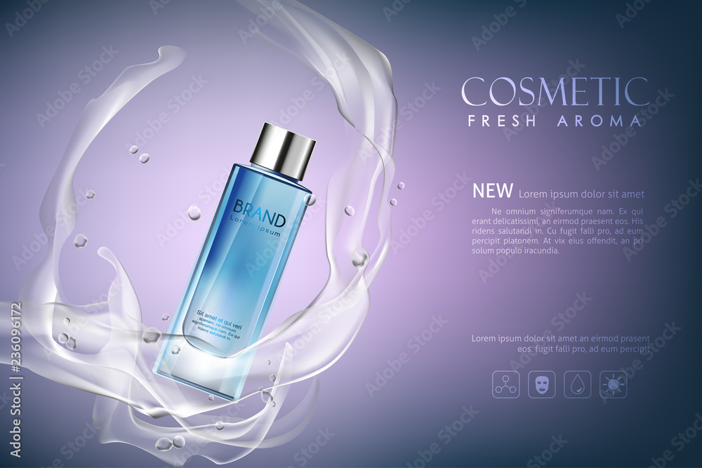 矢量瓶清新香气化妆品实物模型，蓝色背景，带有您的品牌，可用于印刷广告o
