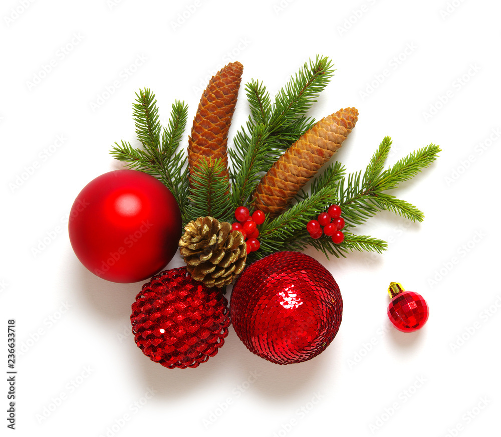Christmas decoration baubles with branches of fir tree