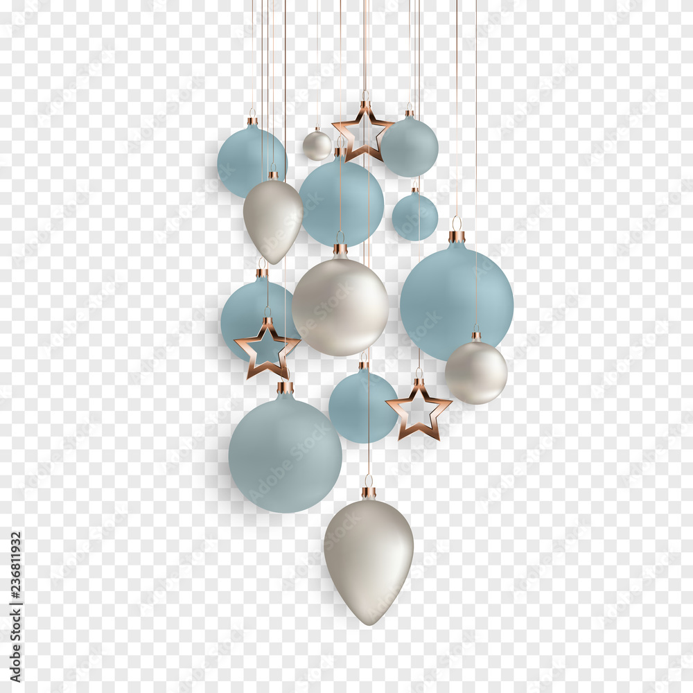 3d Christmas balls for holiday new year design on transparent background. Vector illustration