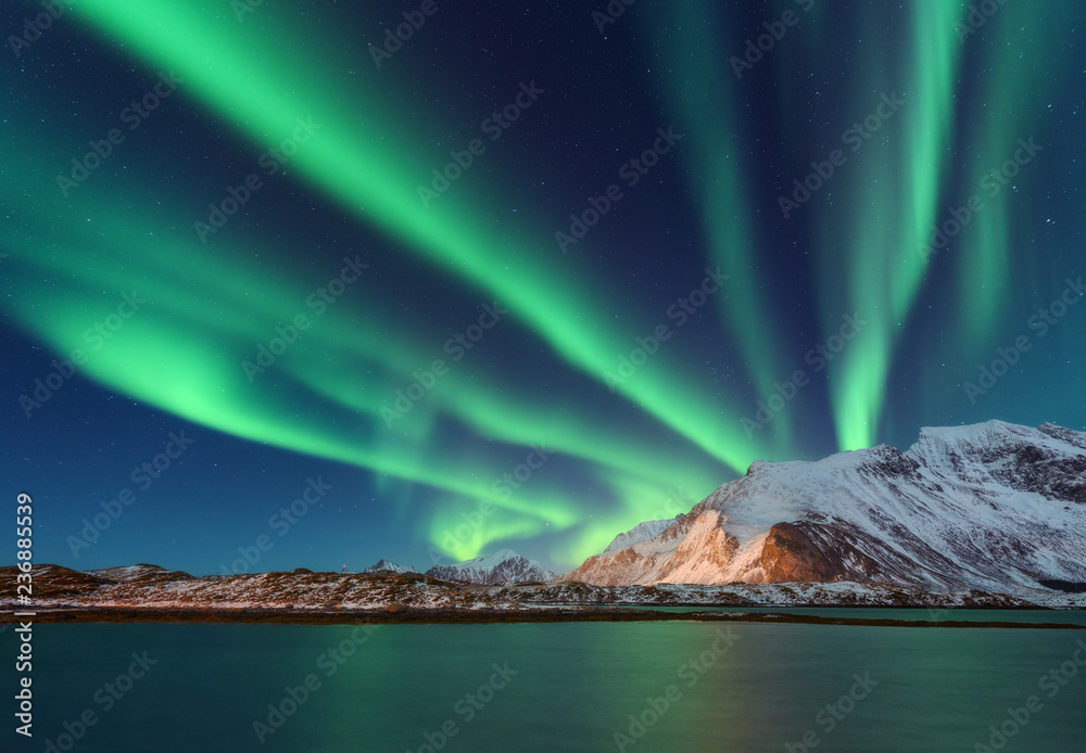 挪威罗弗敦群岛白雪皑皑的山上的北极光。冬天的北极光